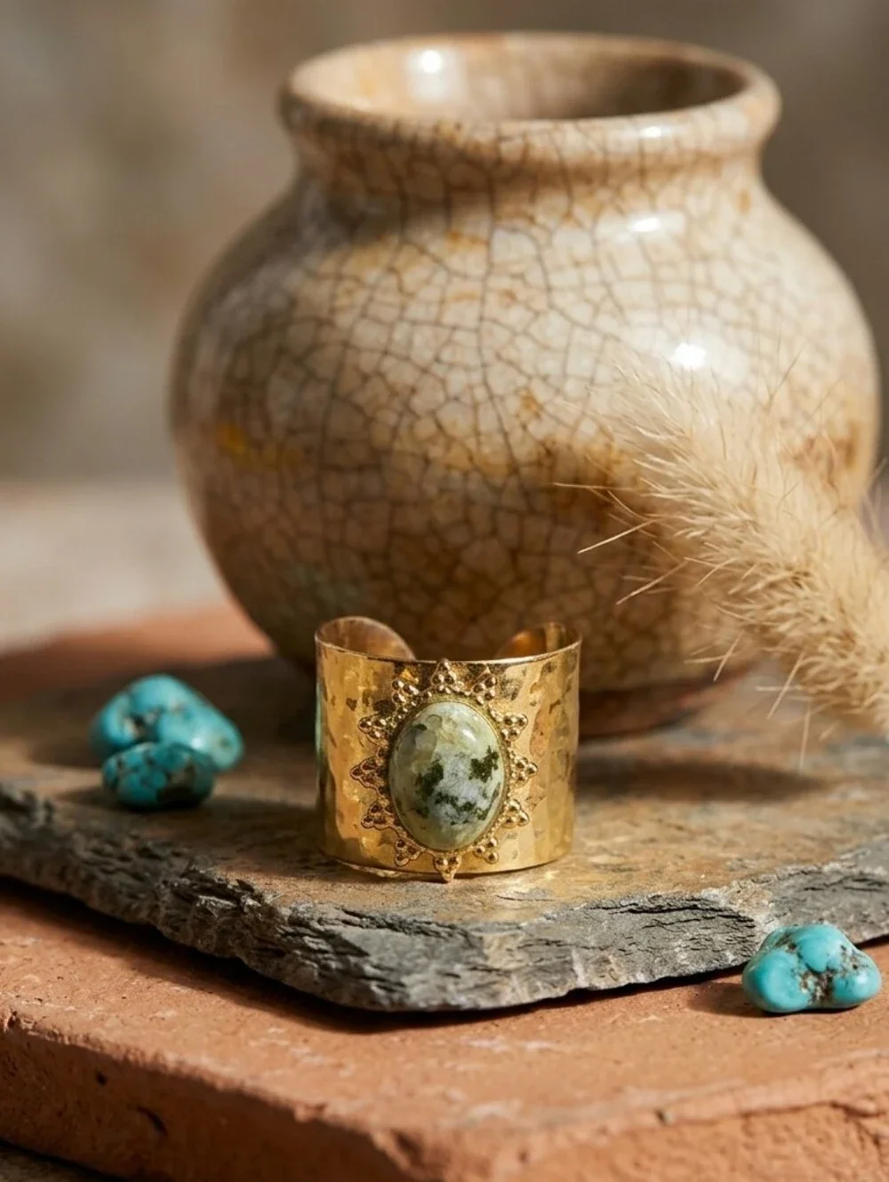 Moss Agate Wide Cigar Band Hammered 18K Gold Cuff Ring Old Money Boho Size 7-8